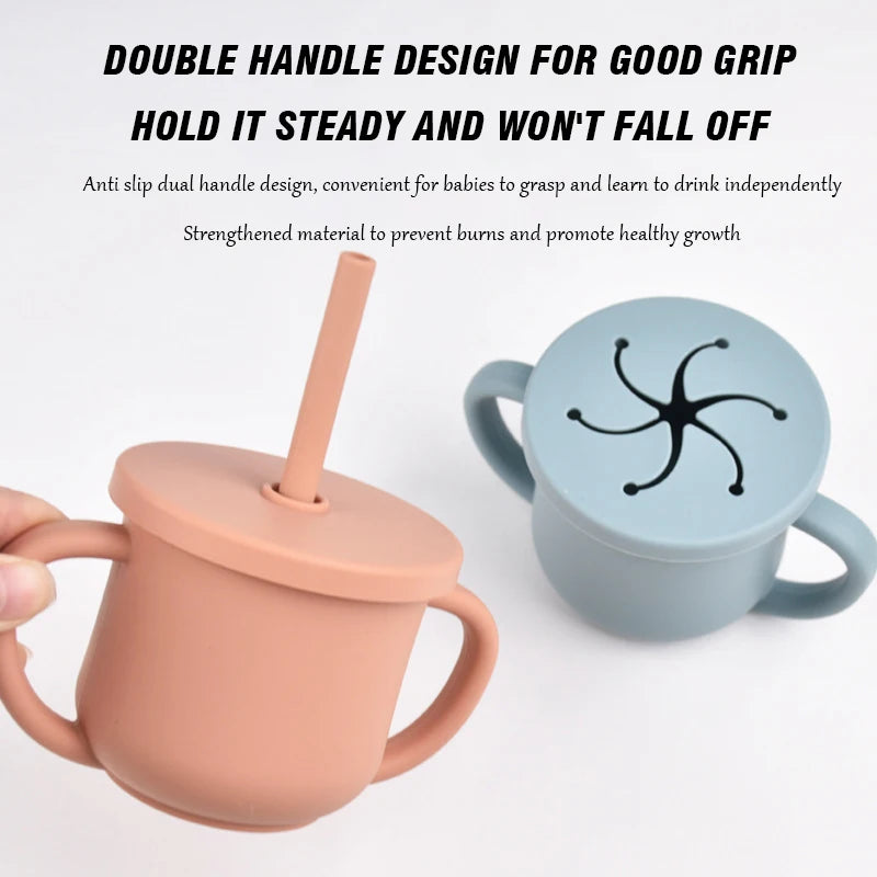 Vaso de Silicona para Bebés con Doble Asa y Popote + Taza de Snack