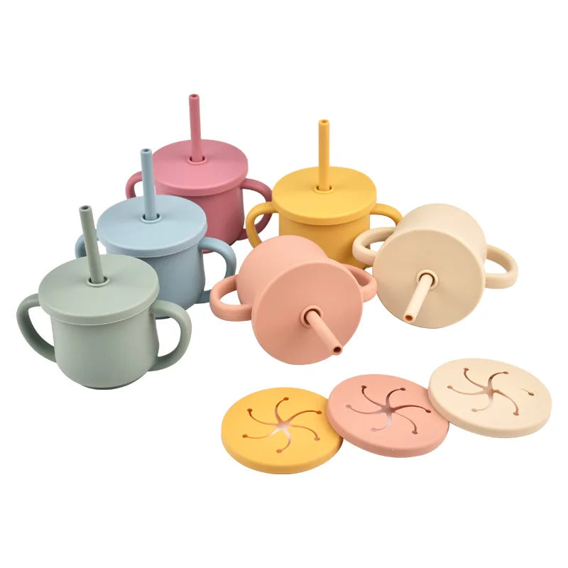 Vaso de Silicona para Bebés con Doble Asa y Popote + Taza de Snack