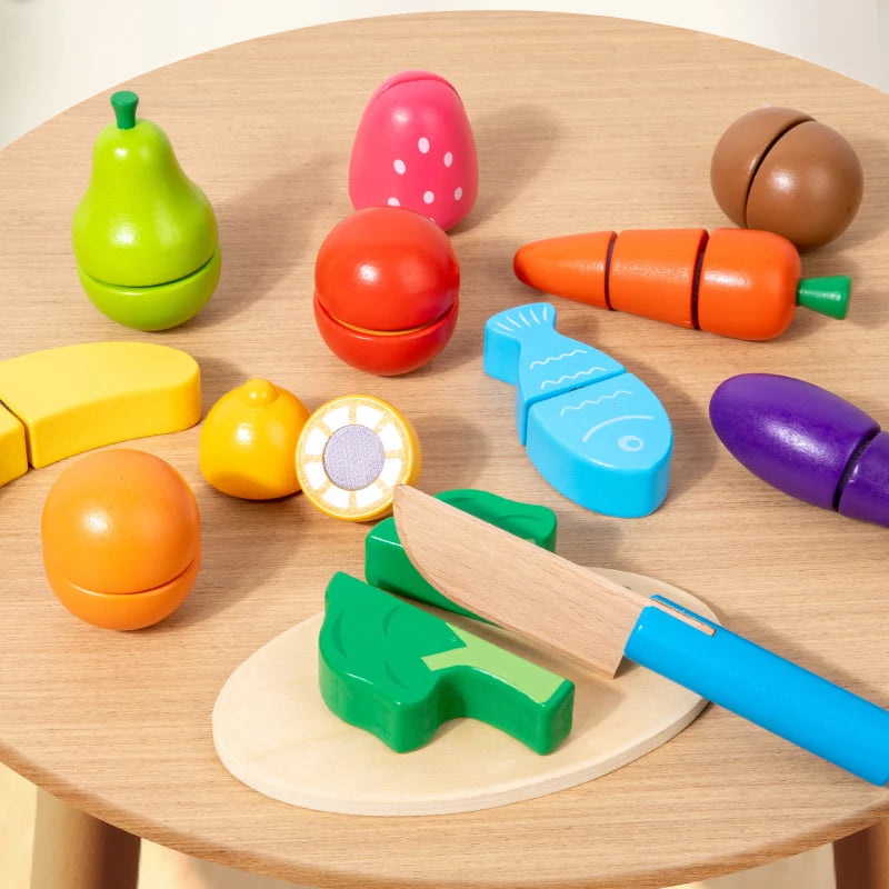 Set de Juguetes de Cocina de Madera | Juego de Simulación Montessori | Frutas y Verduras para Cortar
