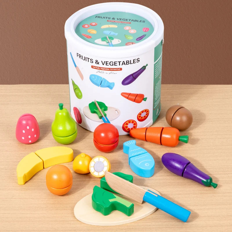 Set de Juguetes de Cocina de Madera | Juego de Simulación Montessori | Frutas y Verduras para Cortar
