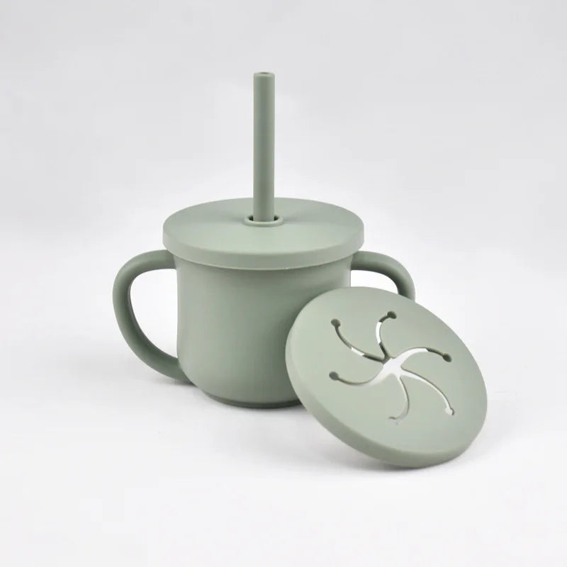Vaso de Silicona para Bebés con Doble Asa y Popote + Taza de Snack