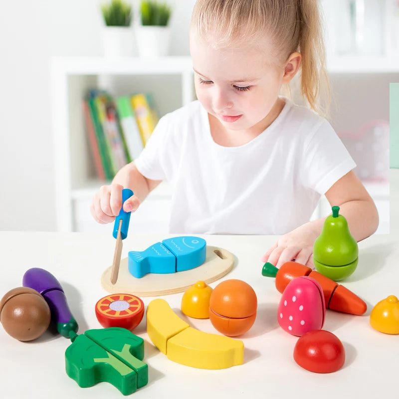 Set de Juguetes de Cocina de Madera | Juego de Simulación Montessori | Frutas y Verduras para Cortar