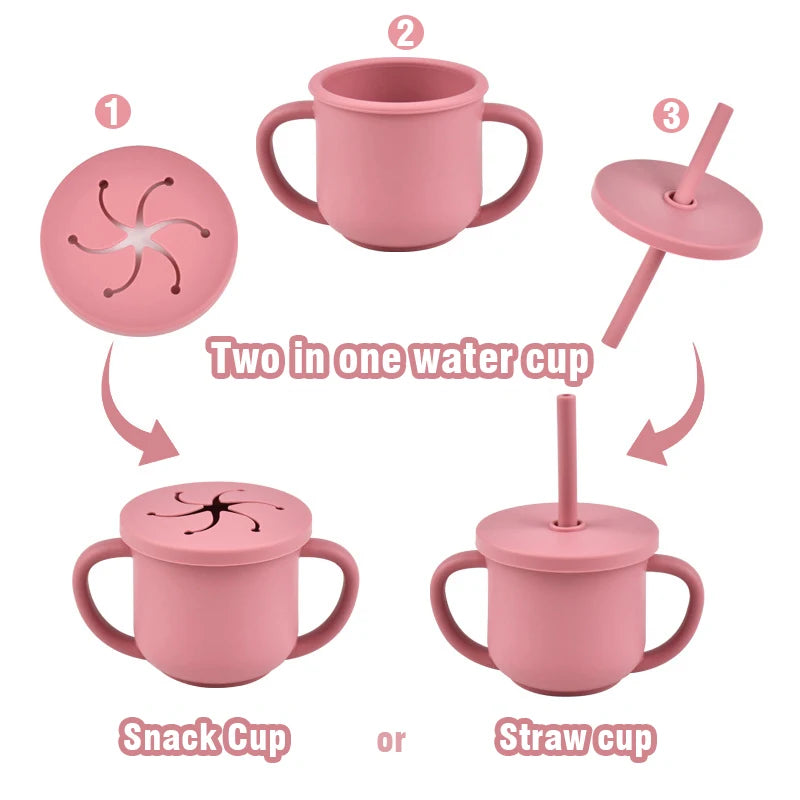 Vaso de Silicona para Bebés con Doble Asa y Popote + Taza de Snack
