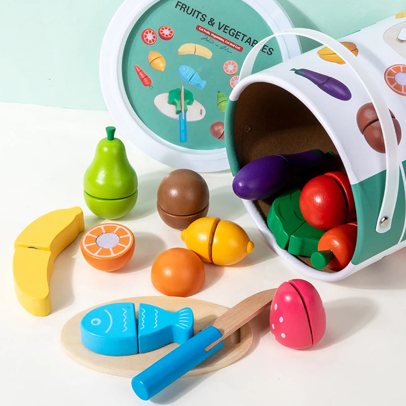 Set de Juguetes de Cocina de Madera | Juego de Simulación Montessori | Frutas y Verduras para Cortar