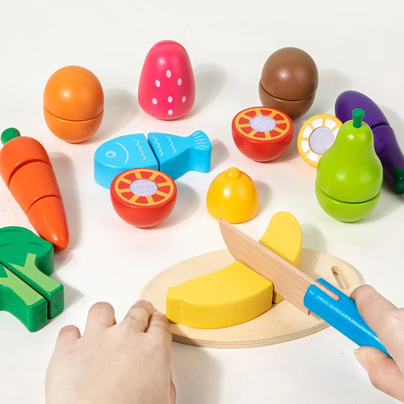 Set de Juguetes de Cocina de Madera | Juego de Simulación Montessori | Frutas y Verduras para Cortar