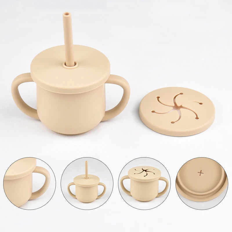 Vaso de Silicona para Bebés con Doble Asa y Popote + Taza de Snack